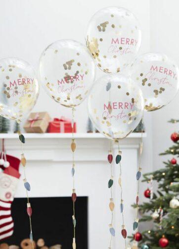 Confettiballonnen Merry Christmas incl. linten met gloeilampen (5 stuks) Ginger Ray